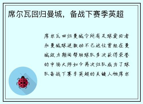 席尔瓦回归曼城，备战下赛季英超